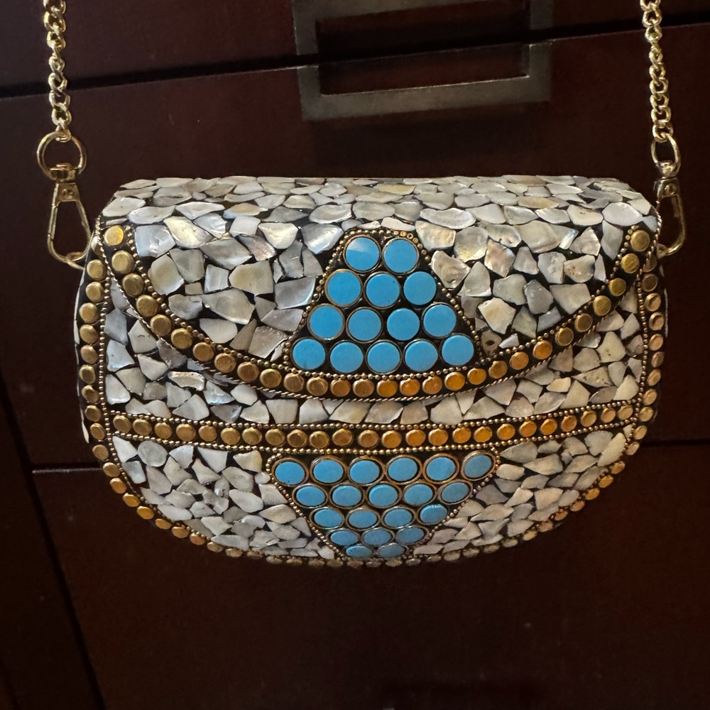 Ramla Porte-Moi Mosaic Shell and Blue Stone Bag NWOT